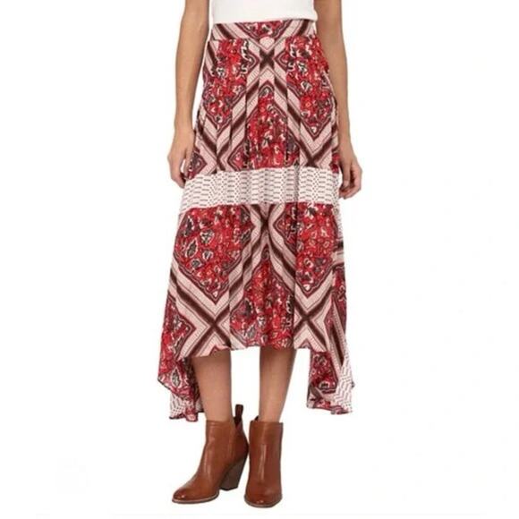 Free People Women's Paradise Boho Print Handkerchief Hem Skirt Flowy Pockets 6 - Picture 2 of 11